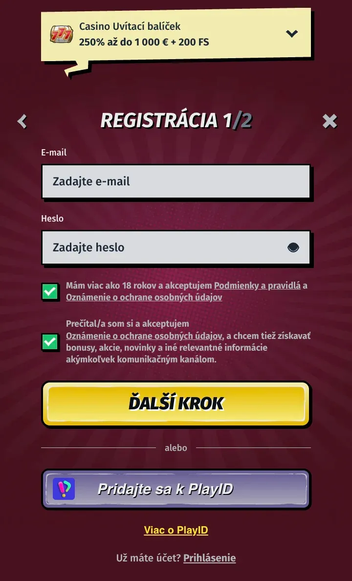 Registračný formulár v AllySpin casino
